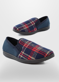 NAVY CHECK VELOUR SLIP ON SLIPPER 