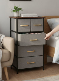 4 Tier Fabric Drawer Storage Tower with Wooden Top