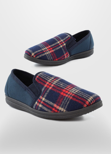 Navy Check Velour Slip On Slipper 