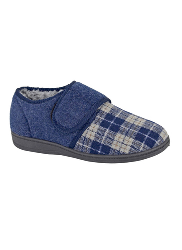 Navy Check Warmlined Touch Fastening Slipper