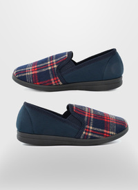 NAVY CHECK VELOUR SLIP ON SLIPPER 