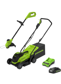 Greenworks 24V 33cm Cordless Lawnmower and Line Trimmer with 2AH Battery & Charg