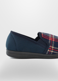 NAVY CHECK VELOUR SLIP ON SLIPPER 