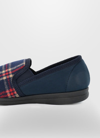 NAVY CHECK VELOUR SLIP ON SLIPPER 